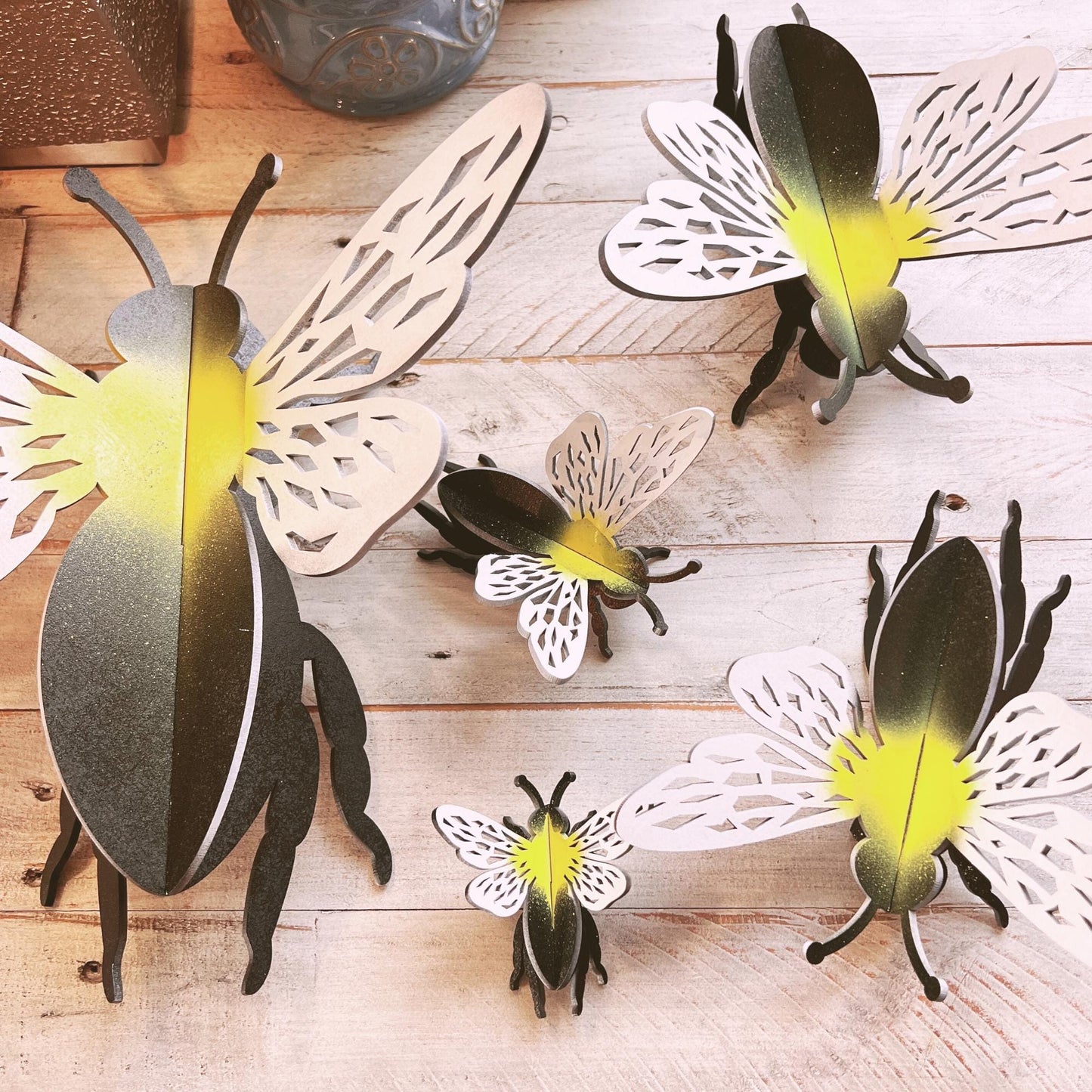 3D Bumble Bees, Freestanding Insects Wood Cutouts, Bumblebee Bugs, Garden Bugs, Bee Shelf Sitter, Set of 5