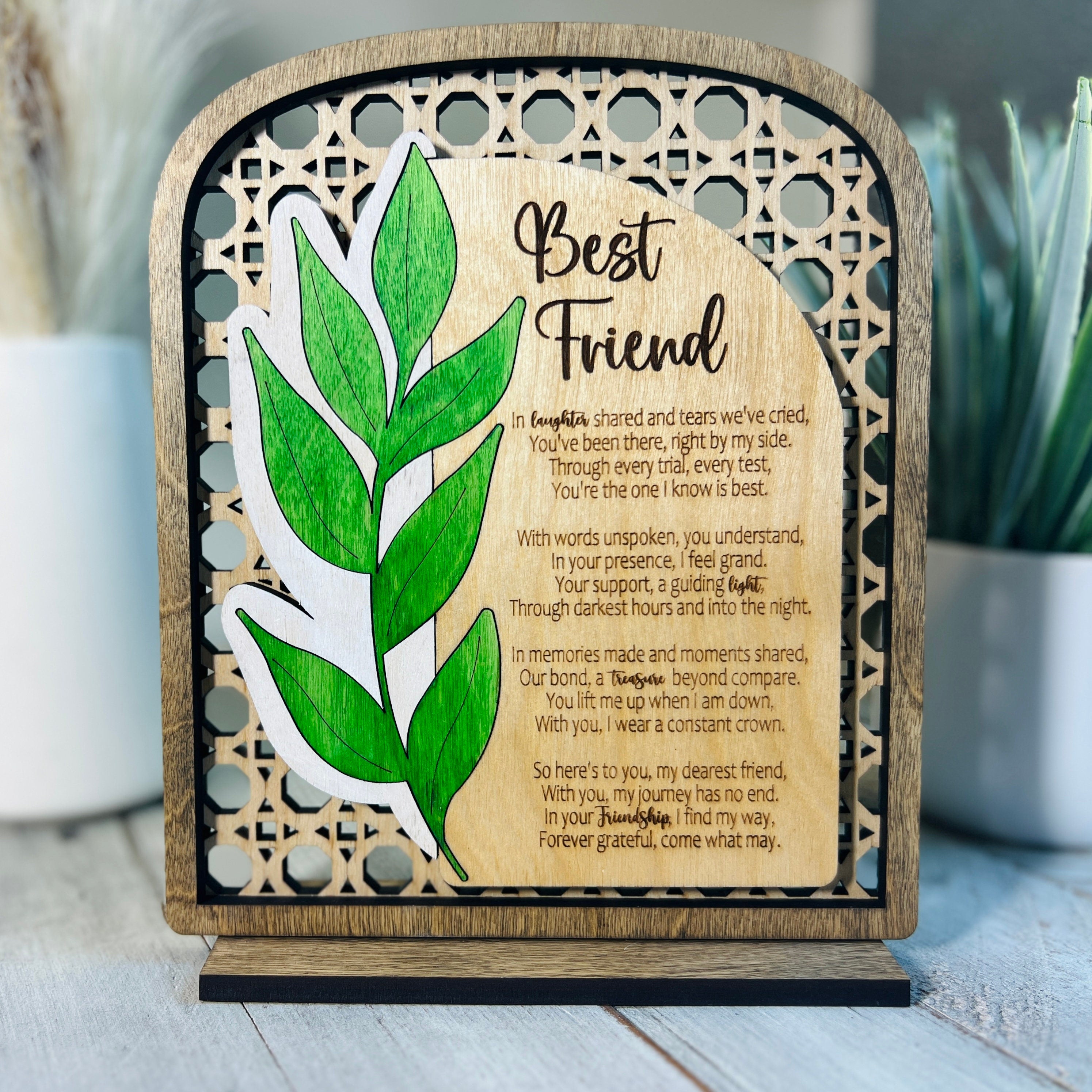 Poem Plaque Gifts for Her, Rattan Design with Hand-painted Leaf, A Poem For Every Woman in your Life