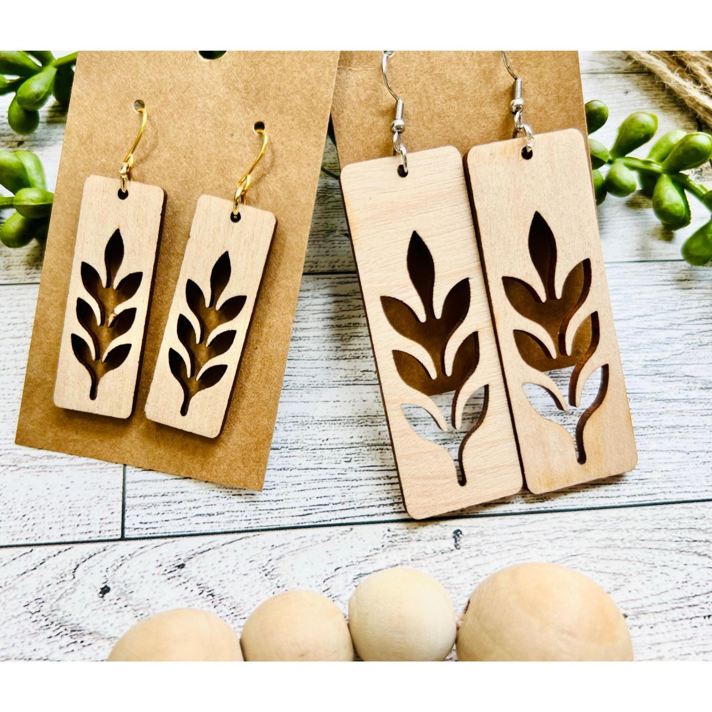 Leaf/Plant Rectangle Wood and Acrylic Earrings| Available in 53 Colors! | Stainless Steel | Gold Plated | Silver Plated