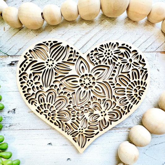 Large Floral Heart | Valentine Heart | Heart with Flowers | Valentine Crafts | Wood Heart Cutout | 1 layer or 2 Layer