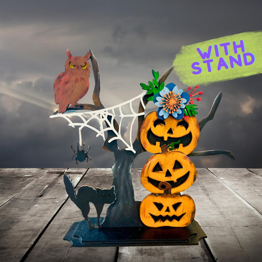 Spooky Tree with Stacked Pumpkins, 3D Unfinished MDF Halloween Craft, Halloween Decor, Halloween Paint Party Kit, Shelf Sitter