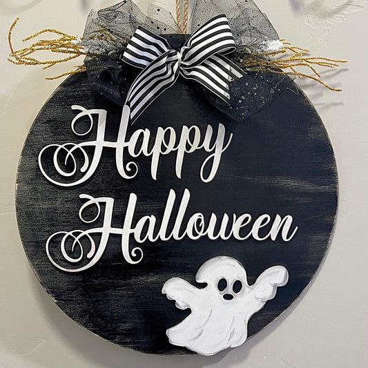 Black and White Halloween Door Hanger | Happy Halloween Sign