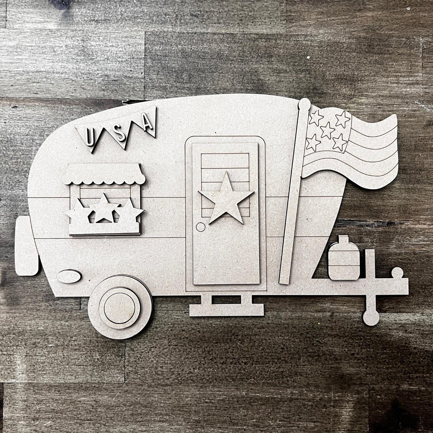 Cute 4th July MDF Camper Kit, Camping RV Door Hanger, Independence Day Travel Trailer, Paint Party Ideas