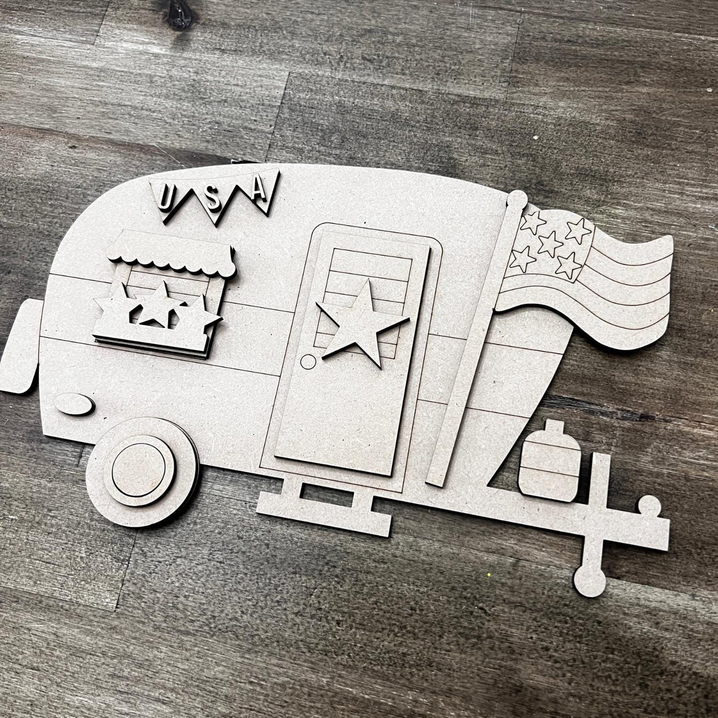 Cute 4th July MDF Camper Kit, Camping RV Door Hanger, Independence Day Travel Trailer, Paint Party Ideas