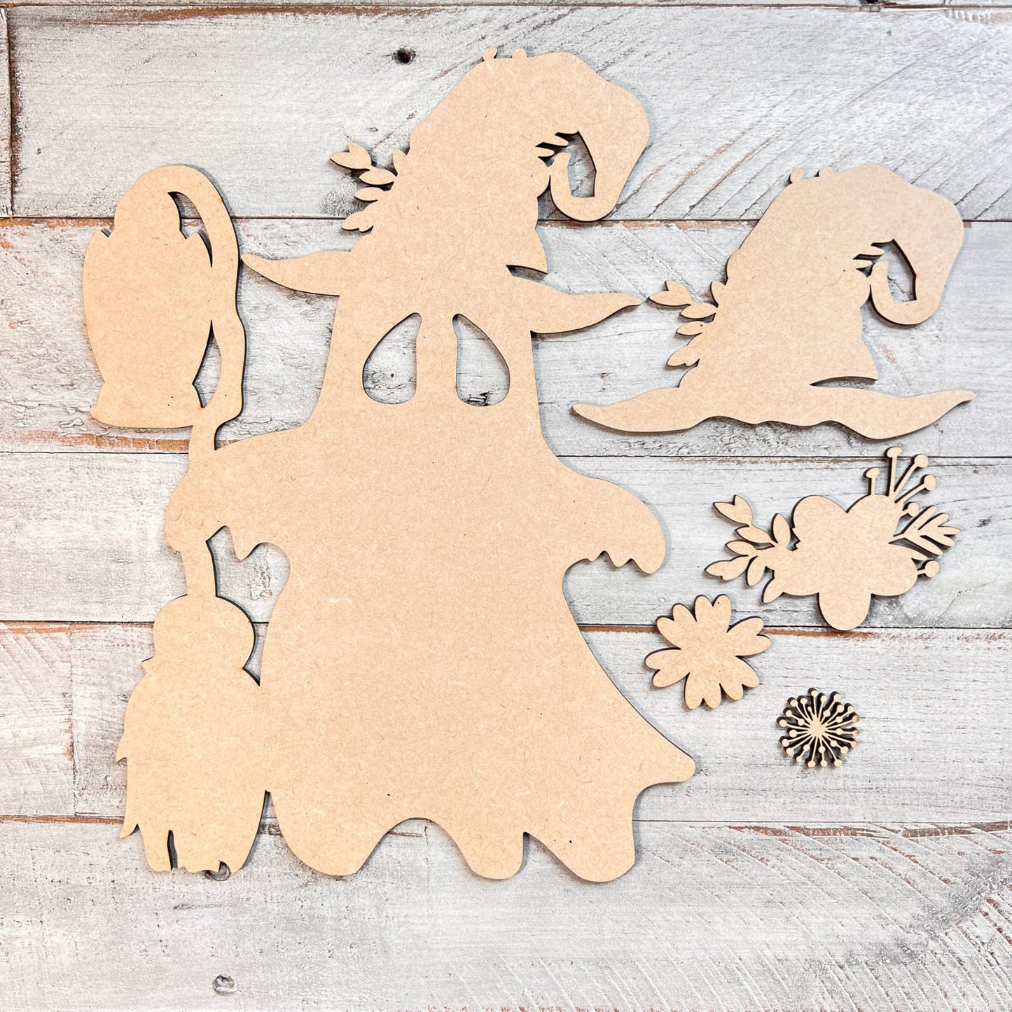 Ghost with Broomstick and Lantern, 3D Unfinished MDF Halloween Craft, Halloween Decor, Paint Party Kit, Shelf Sitter (11.4" x 8.5")