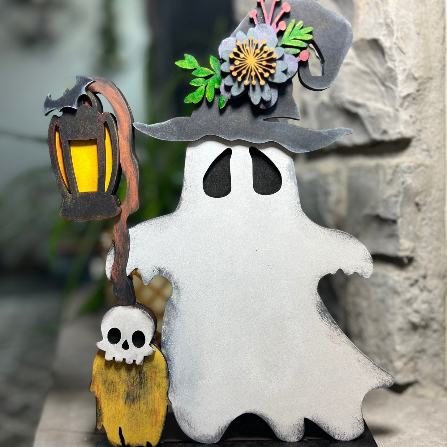Ghost with Broomstick and Lantern, 3D Unfinished MDF Halloween Craft, Halloween Decor, Paint Party Kit, Shelf Sitter (11.4" x 8.5")