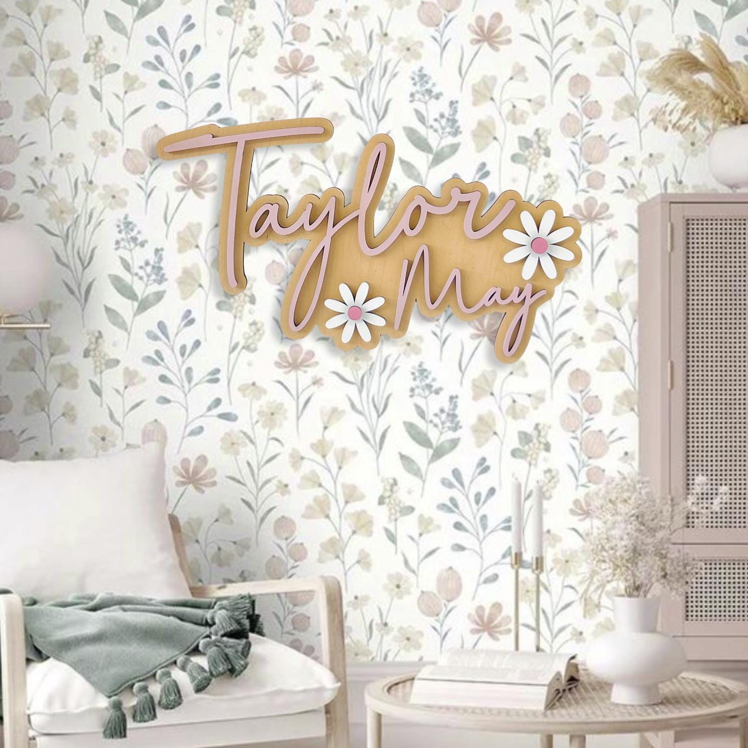 Girls Wood Name Sign with Daisies | Custom Name Sign | Girls Nursery | Girls Room Decor