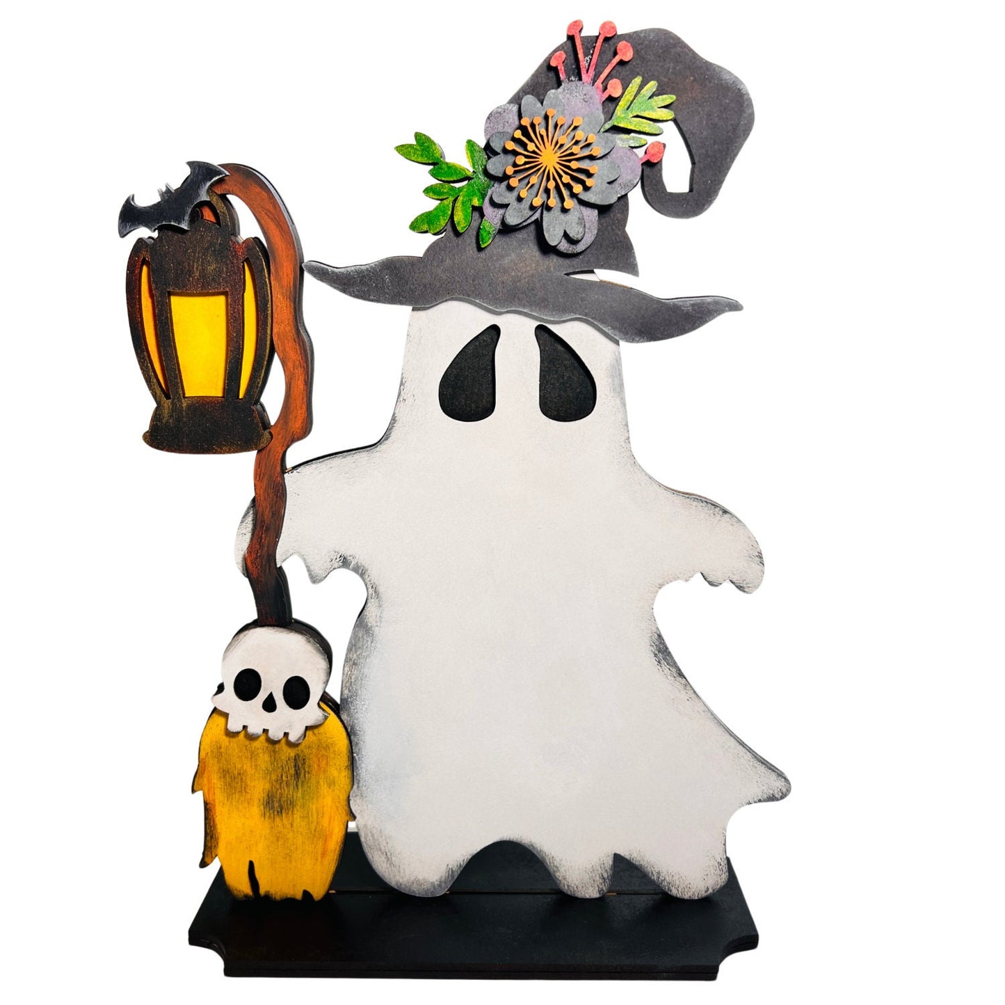 Hand Painted Ghost with Broomstick and Lantern, 3D PAINTED MDF Halloween Craft, Halloween Decor, Shelf Sitter (11.4" x 8.5")