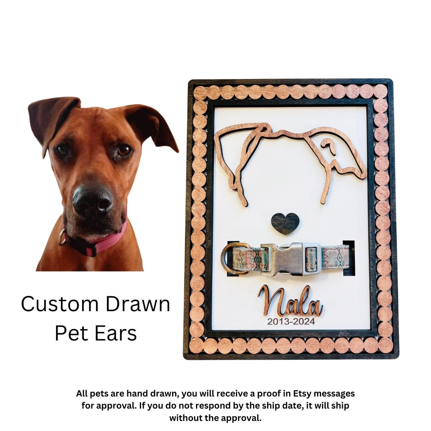Custom Drawn Pet Ear Memorial Sign With Frame - Personalized Dog Memory Sign - Hand Drawn Pet Decor