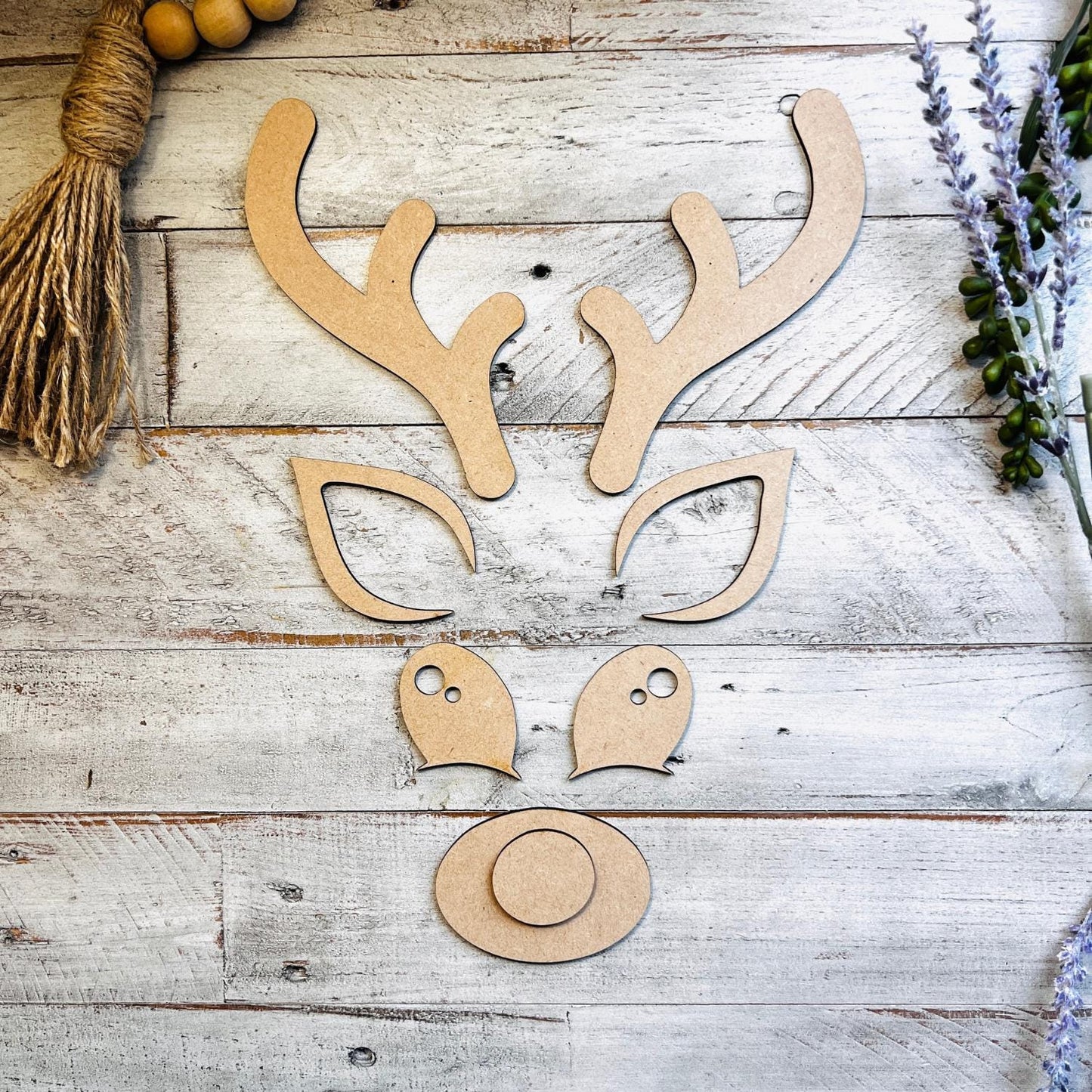 Sets of 2 or 5, Wood Reindeer Face with Ears, Christmas Deer Decorations, Wooden Antlers