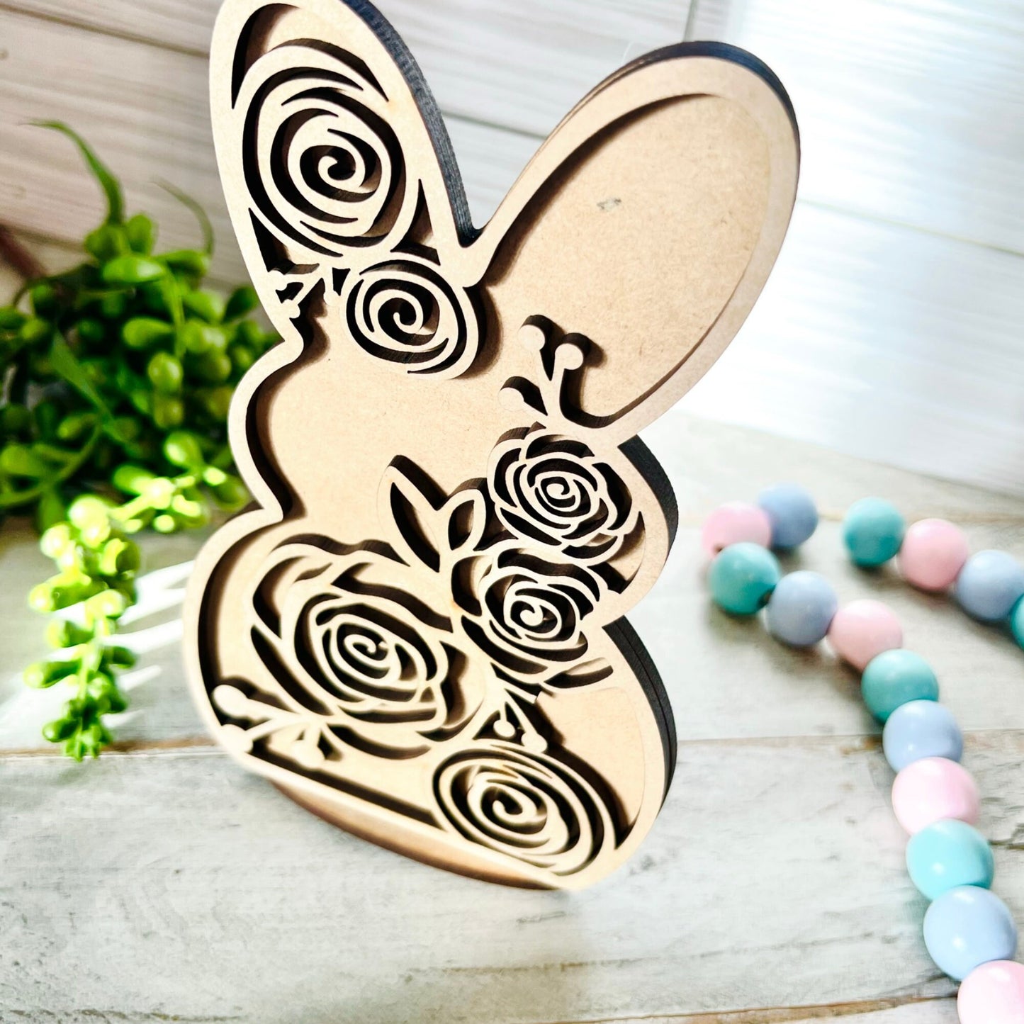 Floral Bunny with Stand | 2 Layer Easter Bunny Decor | Layered Wood Art | Floral Rabbit | Easter Bunny with Flowers | Easter Decor