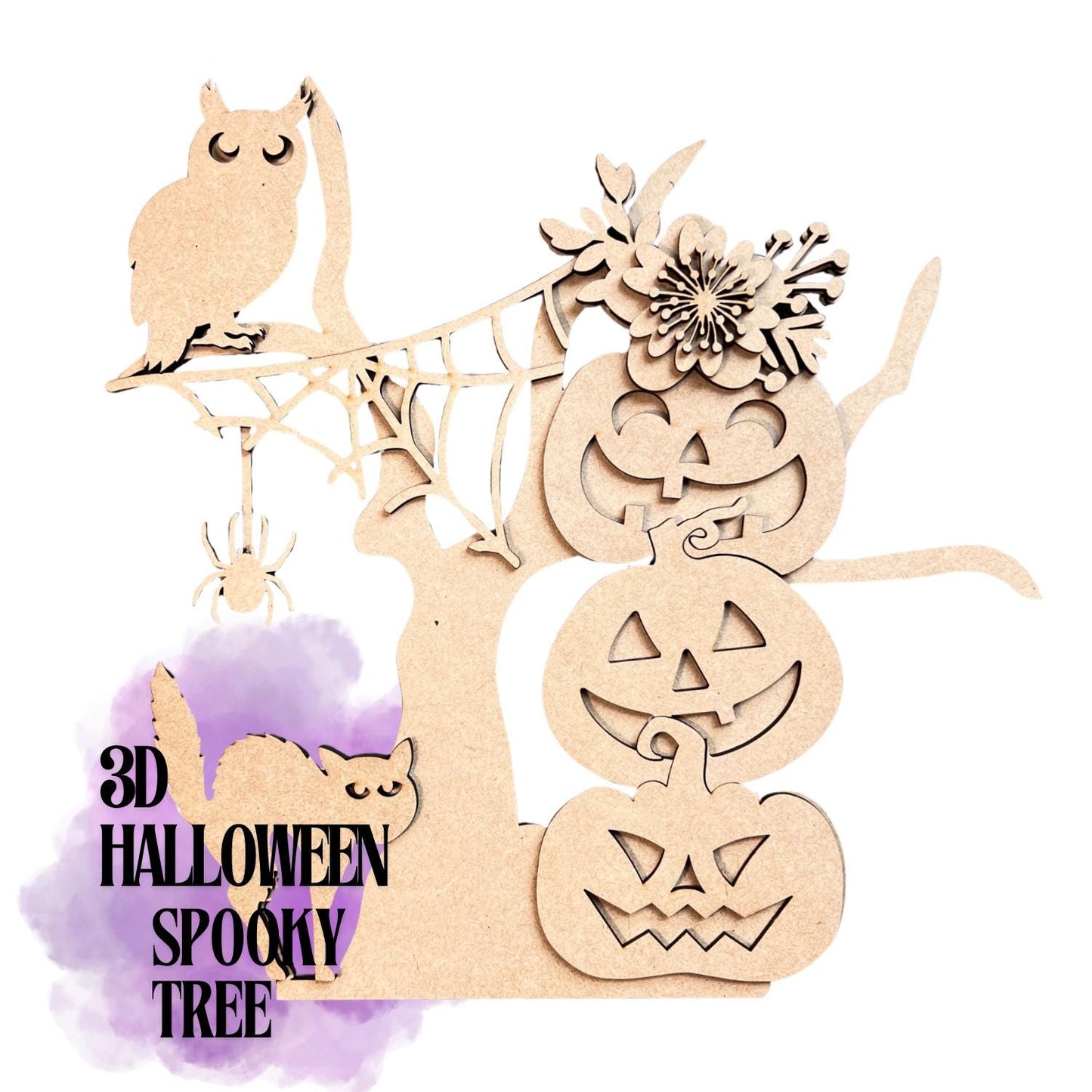 Spooky Tree with Stacked Pumpkins, 3D Unfinished MDF Halloween Craft, Halloween Decor, Halloween Paint Party Kit, Shelf Sitter