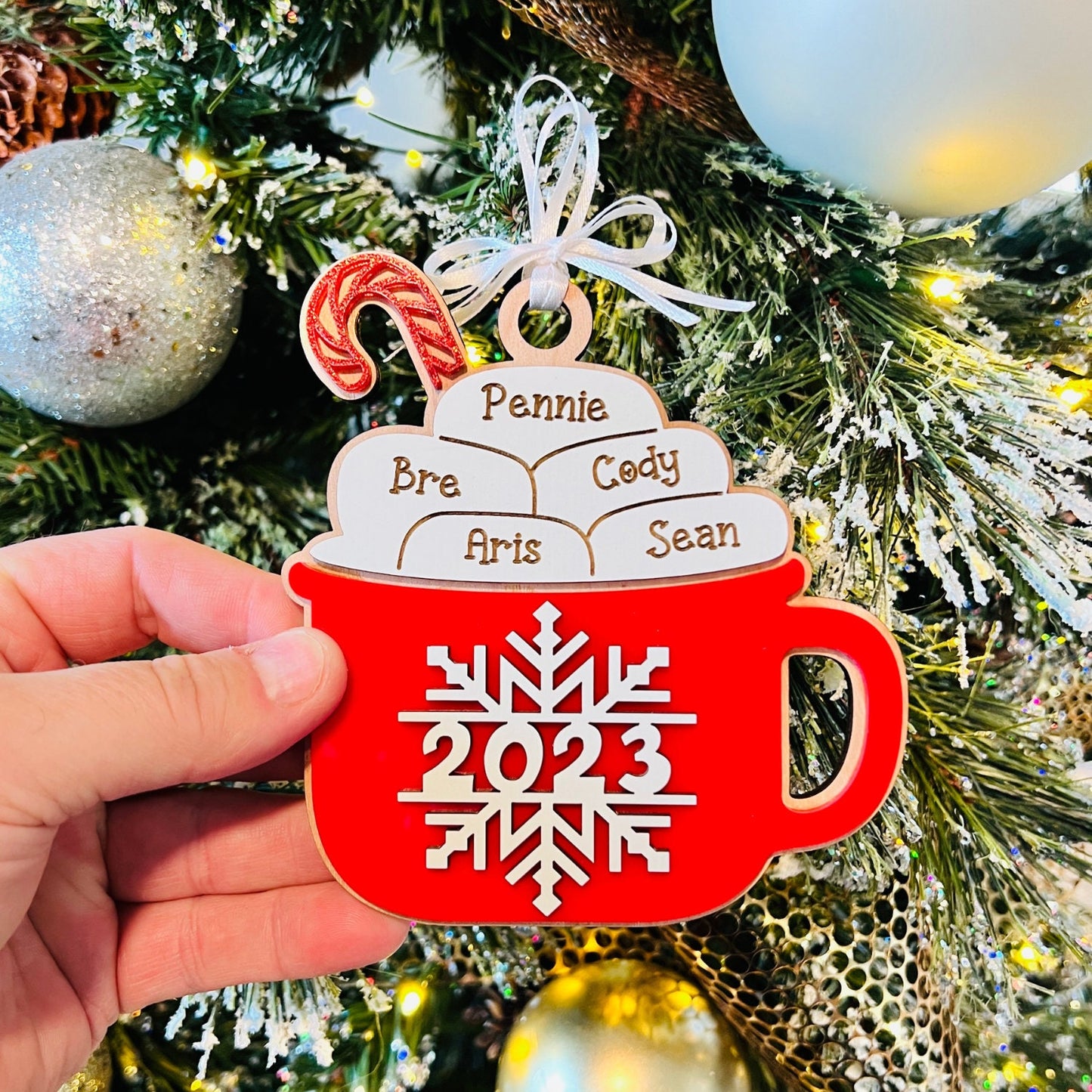 Christmas Hot Cocoa Ornament | Personalized Family Name Ornament | Custom Christmas Tree Ornament | Handmade Tree Ornaments | Christmas Gift