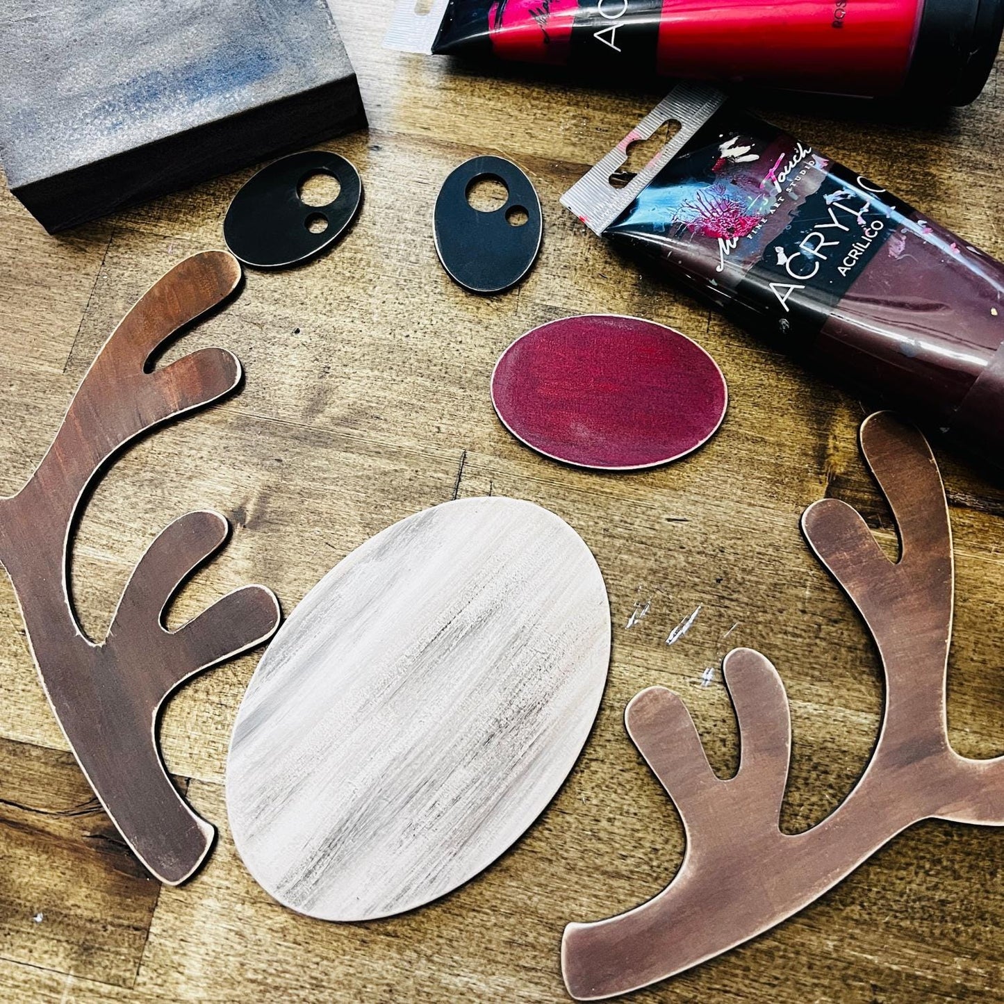 Sets of 2 or 5, Wood Reindeer Face Round Nose, Christmas Deer Decorations, Wooden Antlers