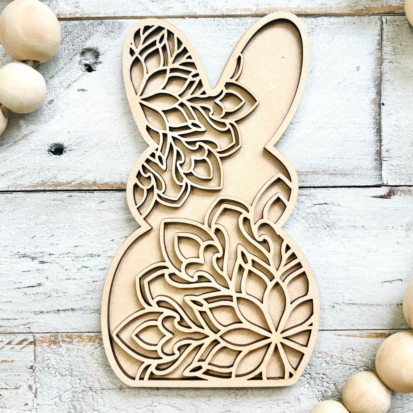 Mandala Floral Bunny | 2 Layer Easter Bunny Decor | Layered Wood Art | Mandala Rabbit | Easter Bunny with Flowers | Easter Decor