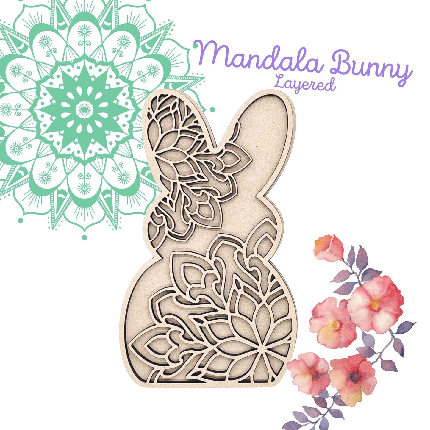 Mandala Floral Bunny | 2 Layer Easter Bunny Decor | Layered Wood Art | Mandala Rabbit | Easter Bunny with Flowers | Easter Decor