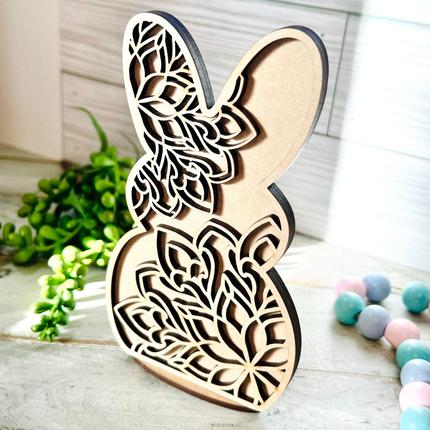 Mandala Floral Bunny with Stand | 2 Layer Easter Bunny Decor | Layered Wood Art | Mandala Rabbit | Easter Bunny with Flowers | Easter Decor