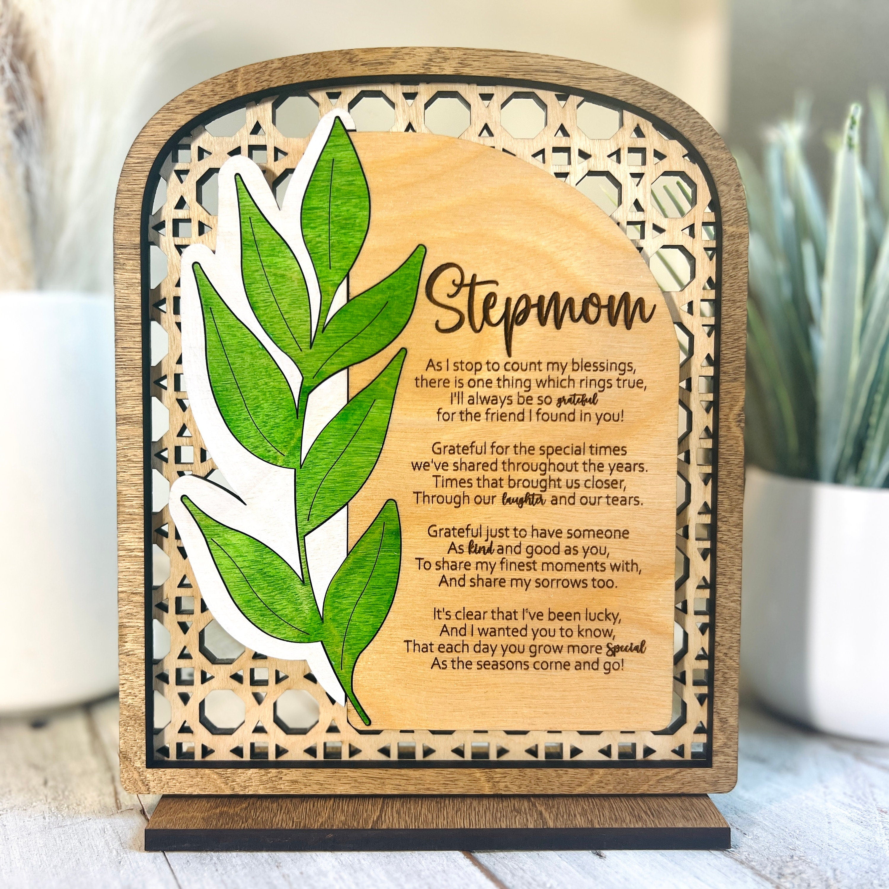 Poem Plaque Gifts for Her, Rattan Design with Hand-painted Leaf, A Poem For Every Woman in your Life