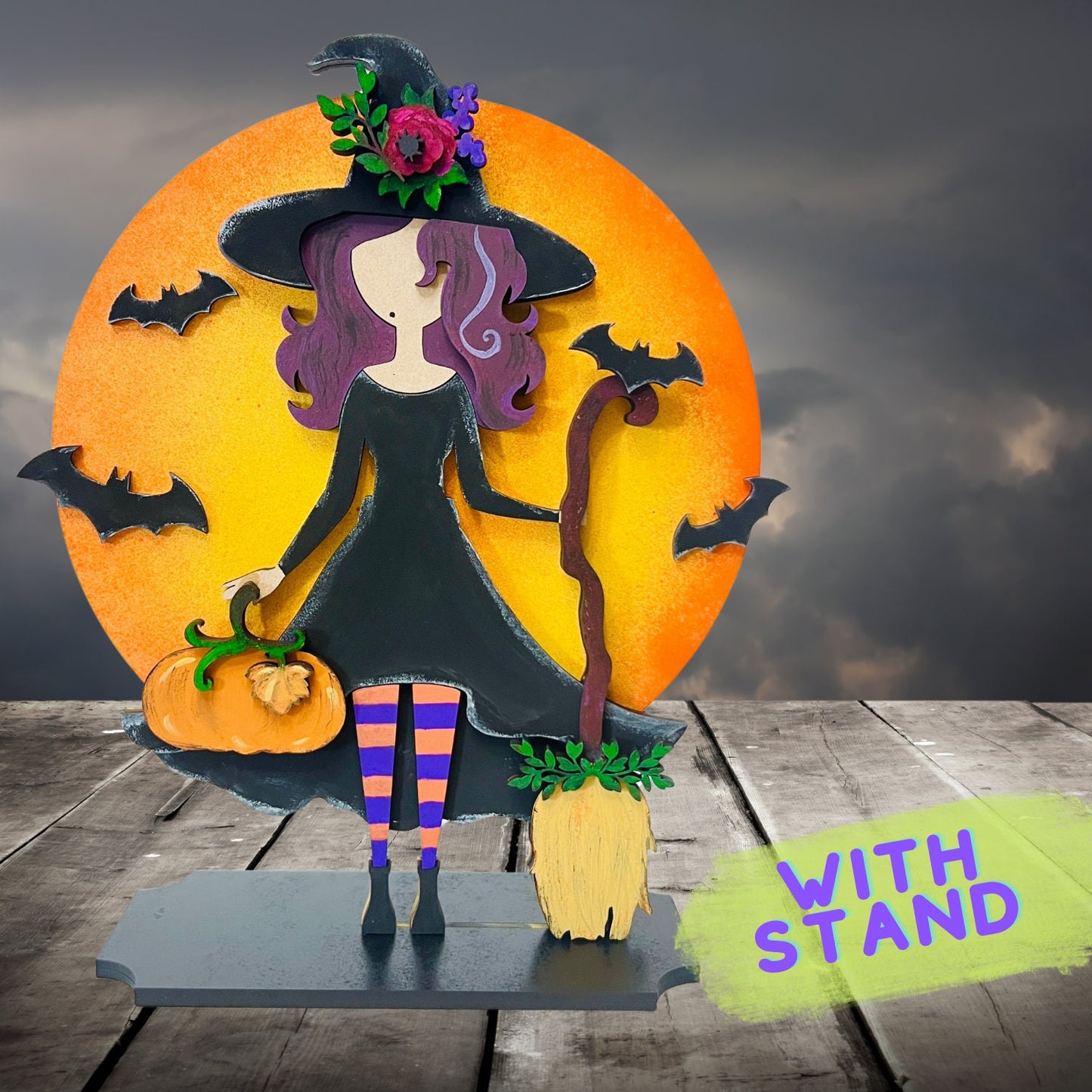 Hand Painted Cute Witch with Broomstick and Moon, 3D Painted MDF Halloween Craft, Halloween Decor, Hand Painted Halloween Decor