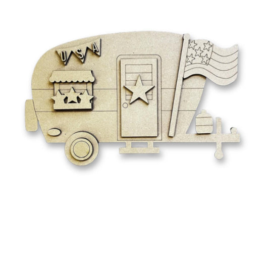 Cute 4th July MDF Camper Kit, Camping RV Door Hanger, Independence Day Travel Trailer, Paint Party Ideas