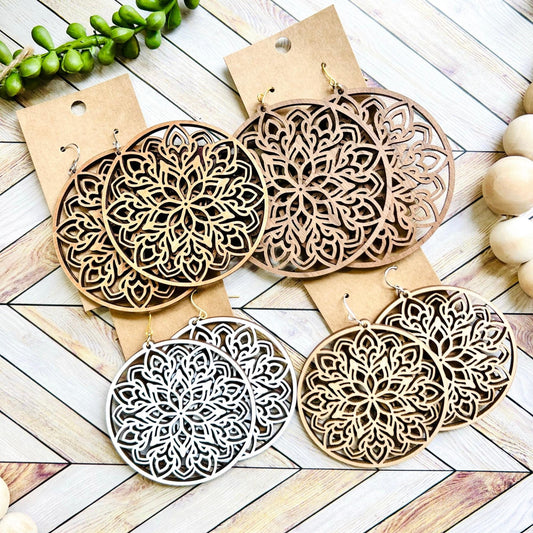Mandala Laser Cut Wood and Acrylic Earrings| Available in 53 Colors! | Stainless Steel | Gold Plated | Silver Plated