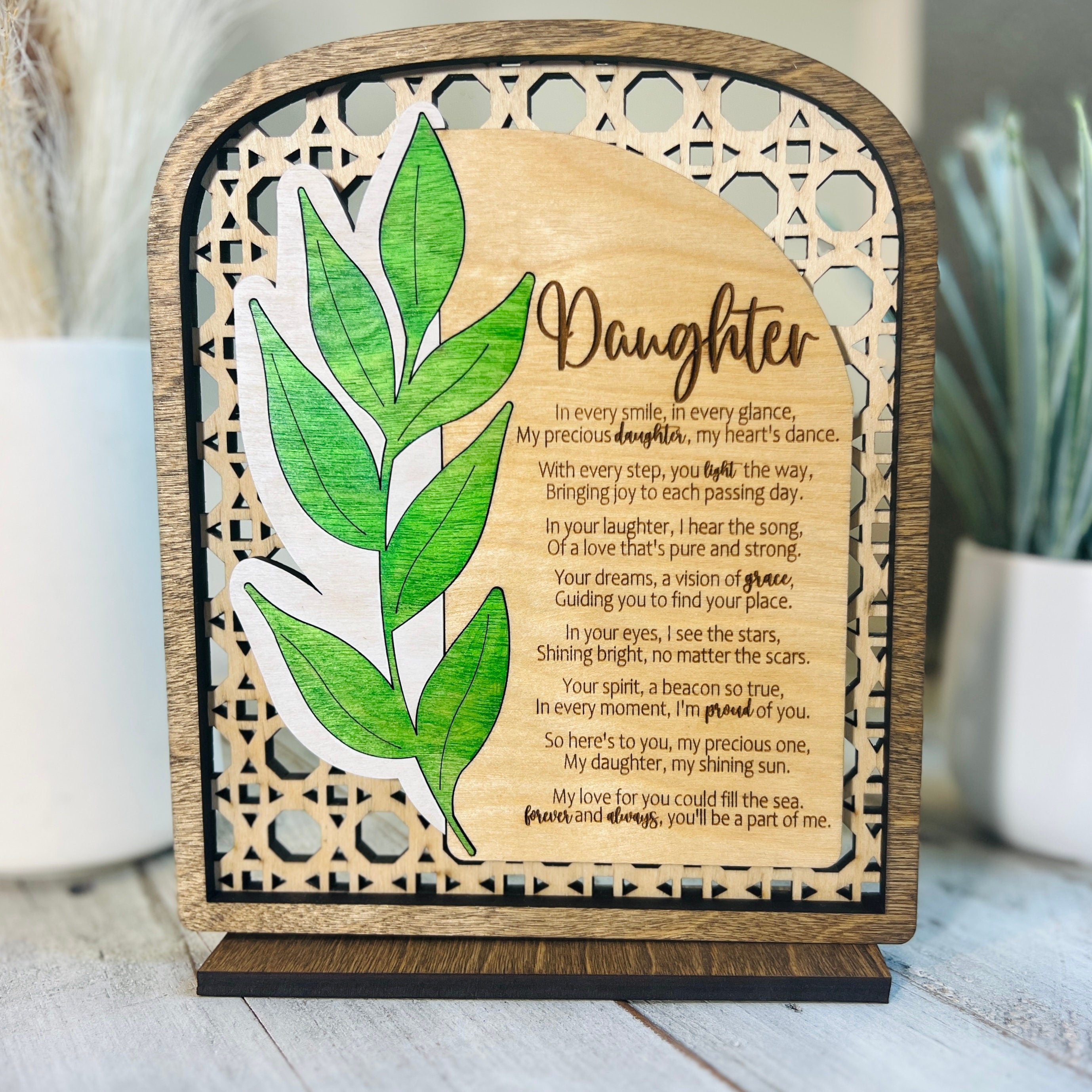 Poem Plaque Gifts for Her, Rattan Design with Hand-painted Leaf, A Poem For Every Woman in your Life