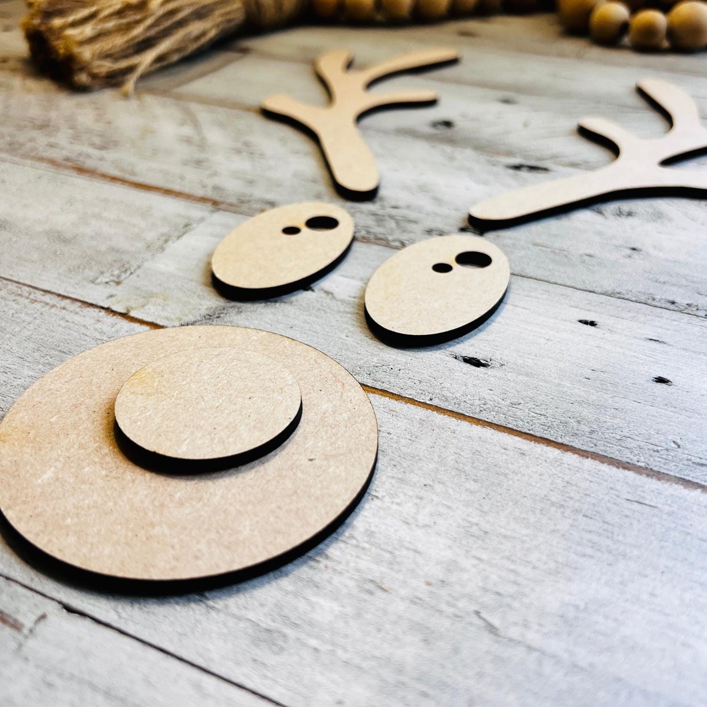 Sets of 2 or 5, Wood Reindeer Face Round Nose, Christmas Deer Decorations, Wooden Antlers