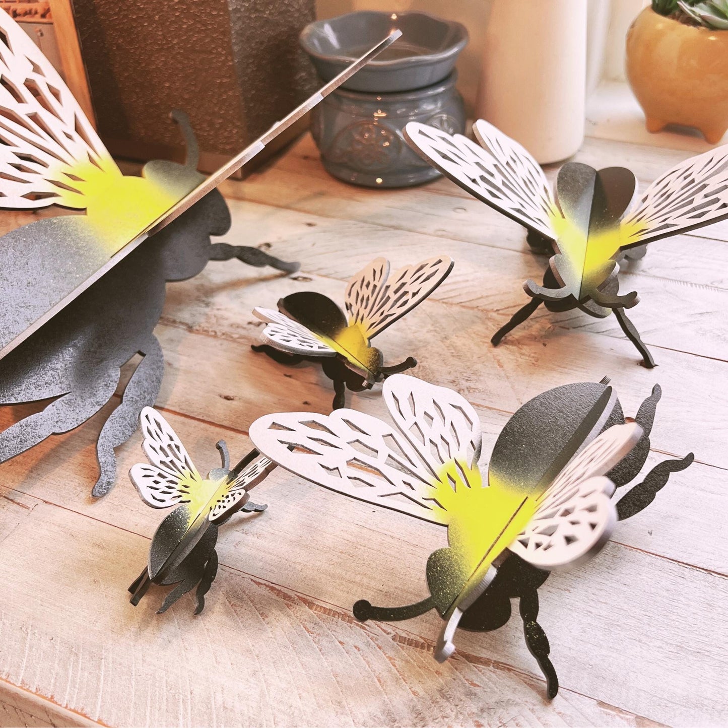 3D Bumble Bees, Freestanding Insects Wood Cutouts, Bumblebee Bugs, Garden Bugs, Bee Shelf Sitter, Set of 5