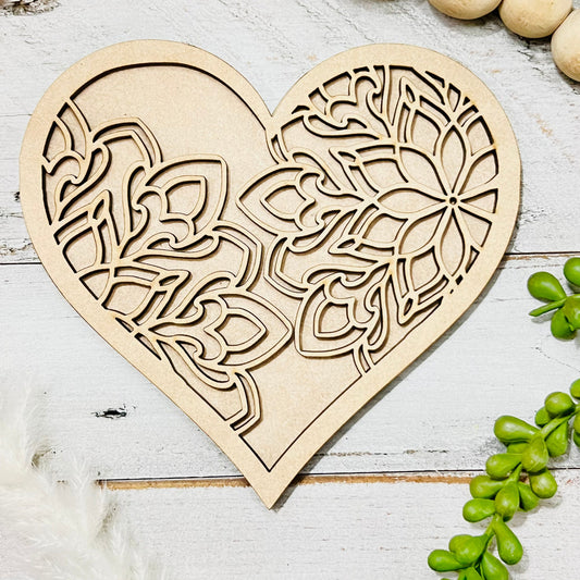 Large Mandala Heart | Valentine Heart | Heart with Mandala Flowers | Valentine Crafts | Wood Heart Cutout | 1 layer or 2 Layer