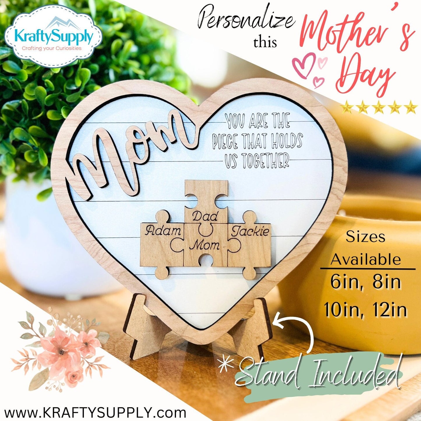 Mother's Day Puzzle Heart Plaque | Family Name Sign | Personalized Mothers Day Gift | Anniversary, Birthday, Christmas, Valentines Presents