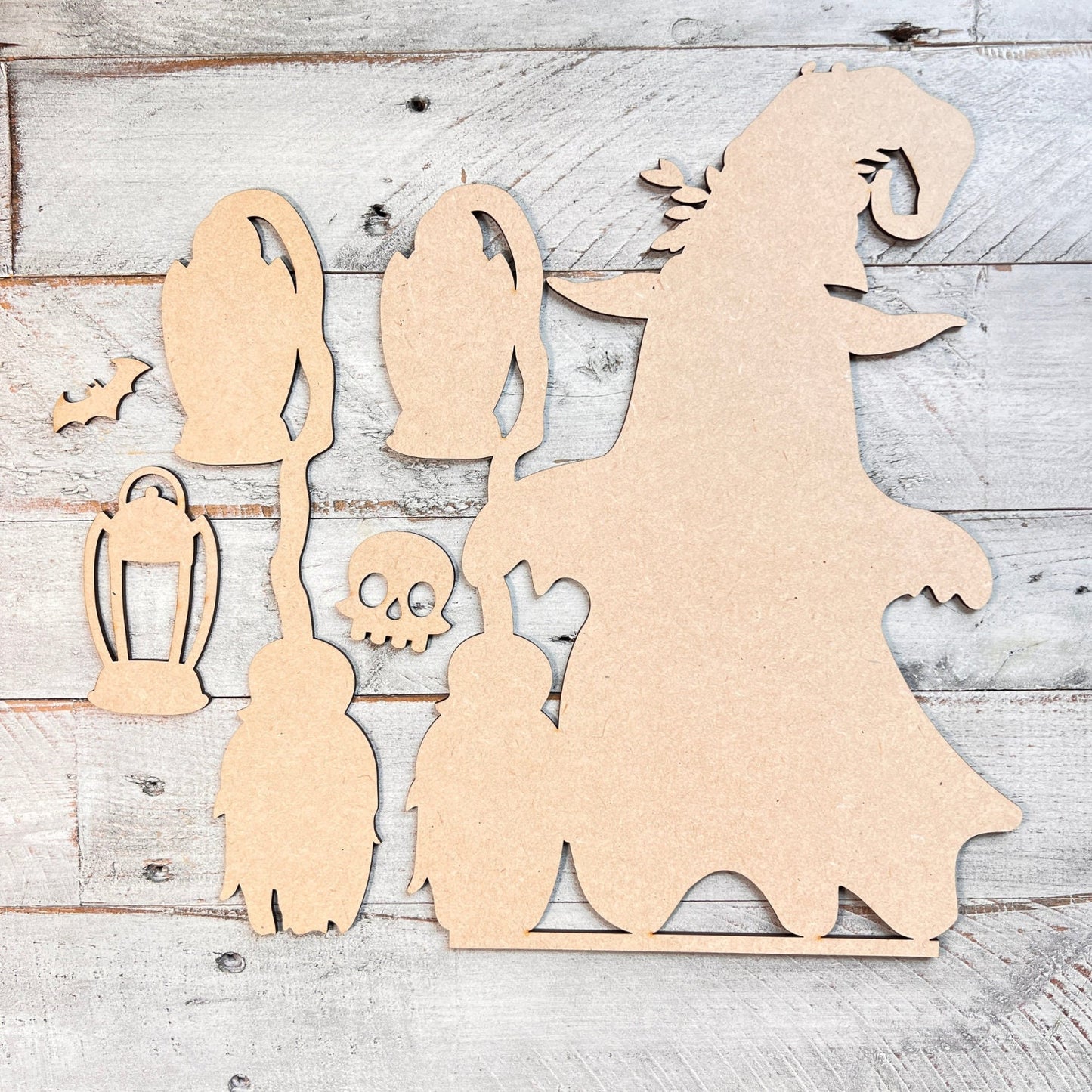 Ghost with Broomstick and Lantern, 3D Unfinished MDF Halloween Craft, Halloween Decor, Paint Party Kit, Shelf Sitter (11.4" x 8.5")