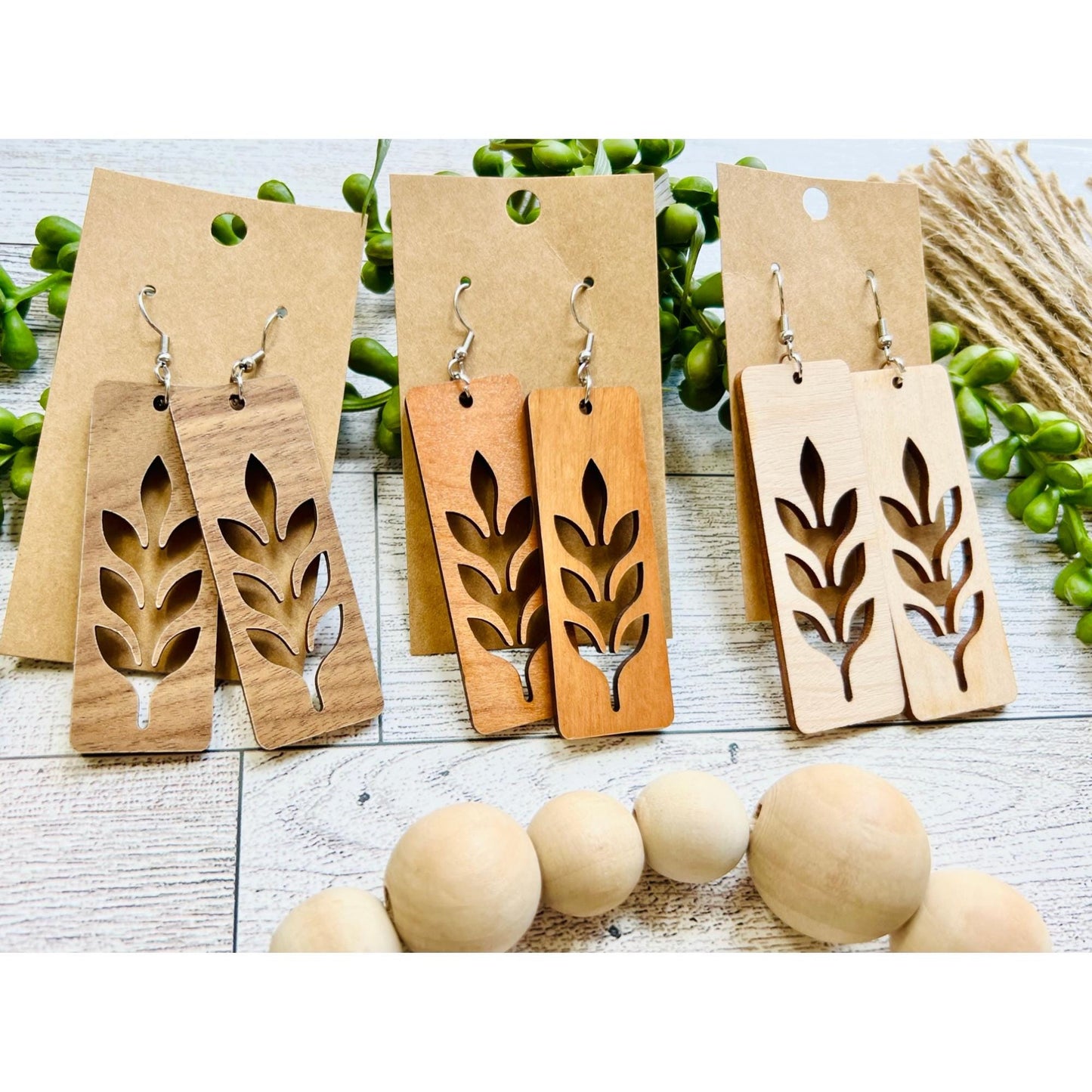 Leaf/Plant Rectangle Wood and Acrylic Earrings| Available in 53 Colors! | Stainless Steel | Gold Plated | Silver Plated