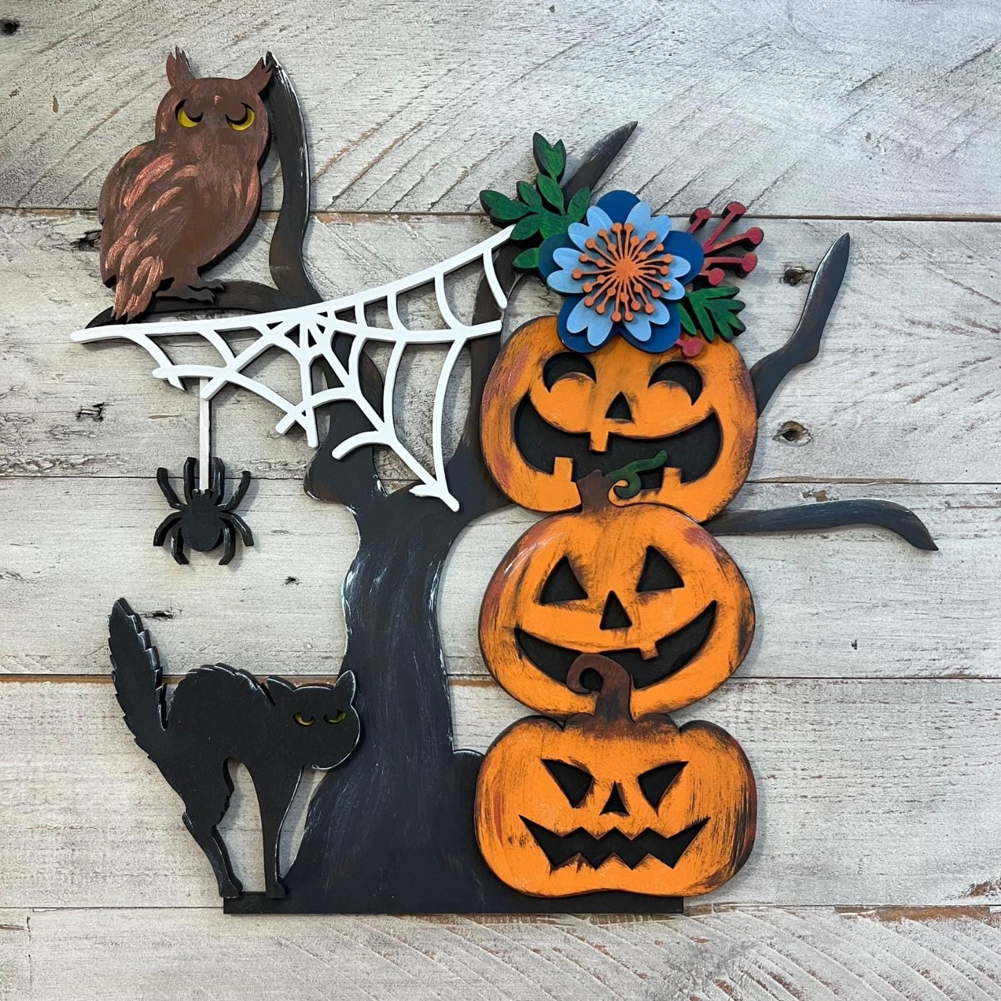 Hand Painted Spooky Tree with Pumpkins, 3D Painted MDF Halloween Craft, Halloween Decor, Hand Painted Halloween Decor, Free Stand Shelf Sit