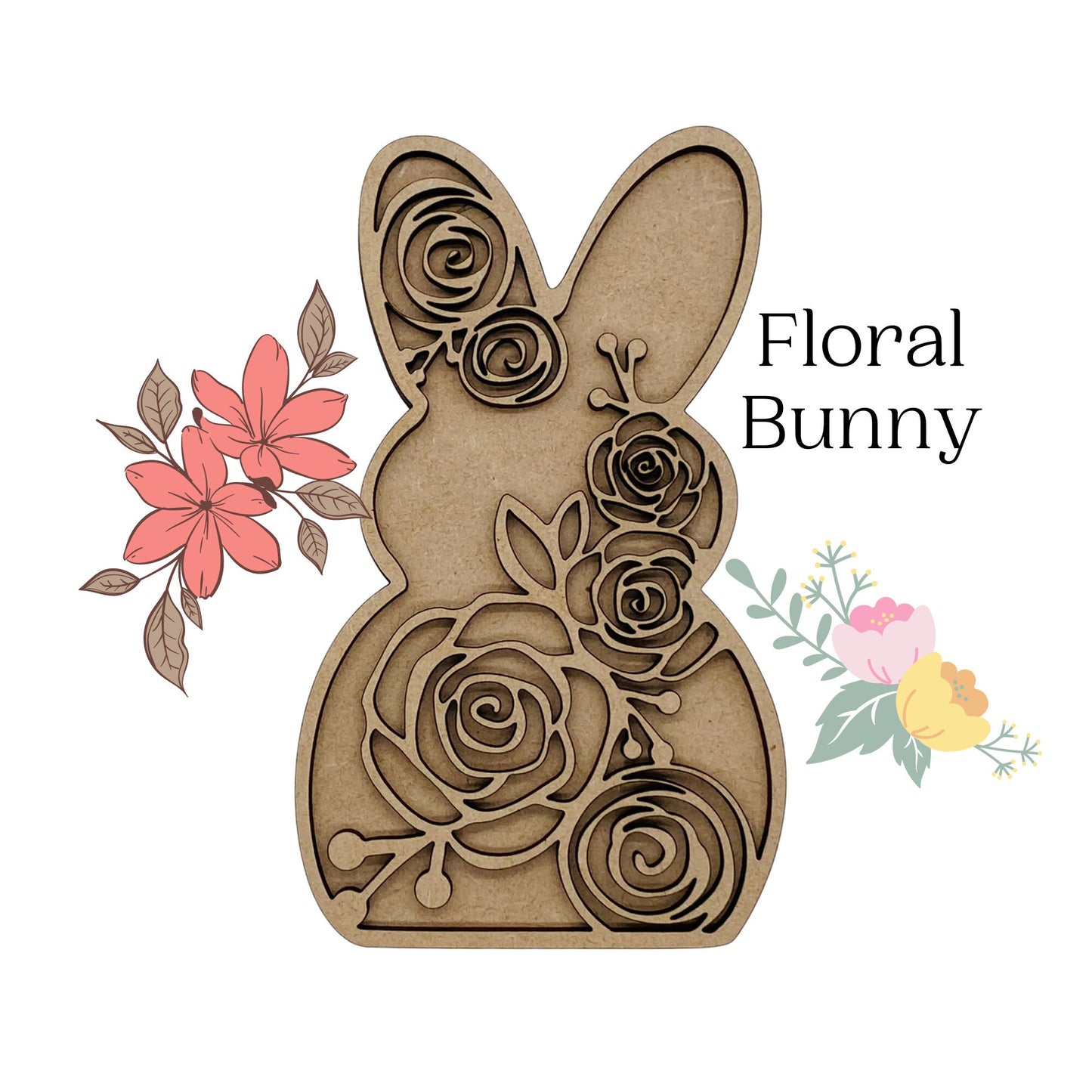 Floral Bunny | 2 Layer Easter Bunny Decor | Layered Wood Art | Floral Rabbit | Easter Bunny with Flowers | Easter Decor | Easter Flowers