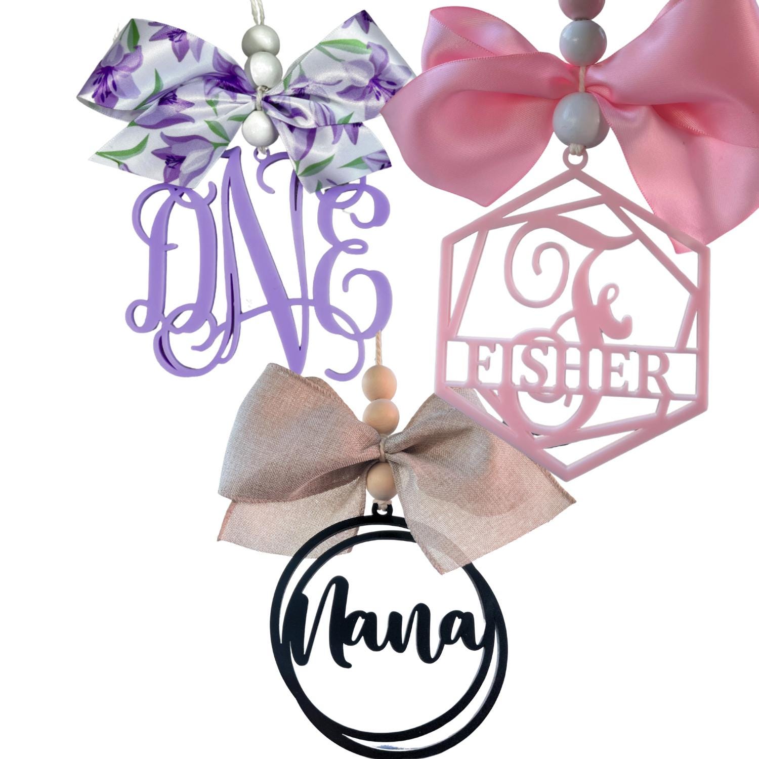 Personalized Monogram Car Charm | Rearview Mirror Ornament | Ribbon & Bead Car Charm | Vehicle Mirror Hanger | Car Accessories | Bag Charms