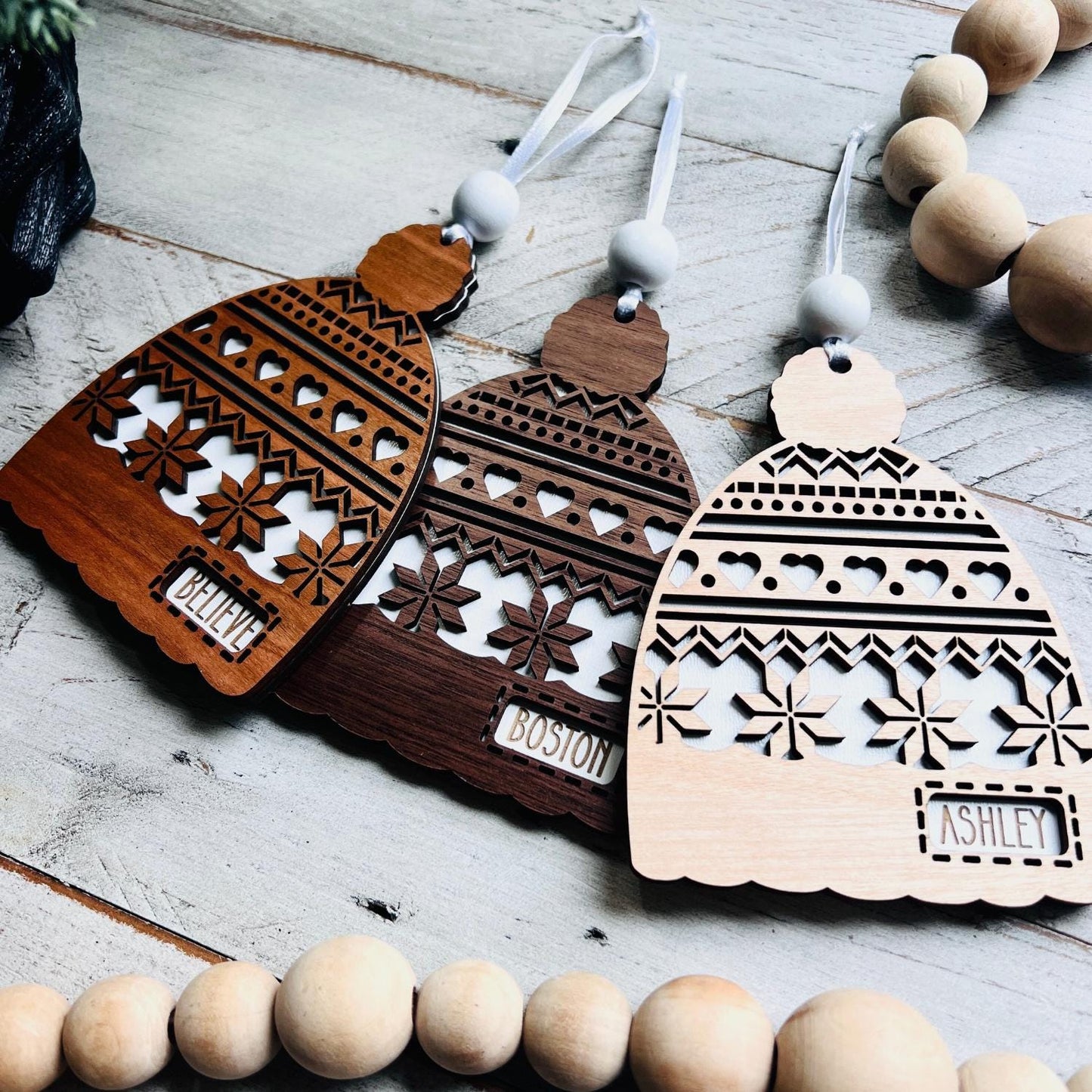 Personalized Beanie Ornament with Name – Winter Hat Ornaments | Custom Holiday Wood Decoration | Made in USA