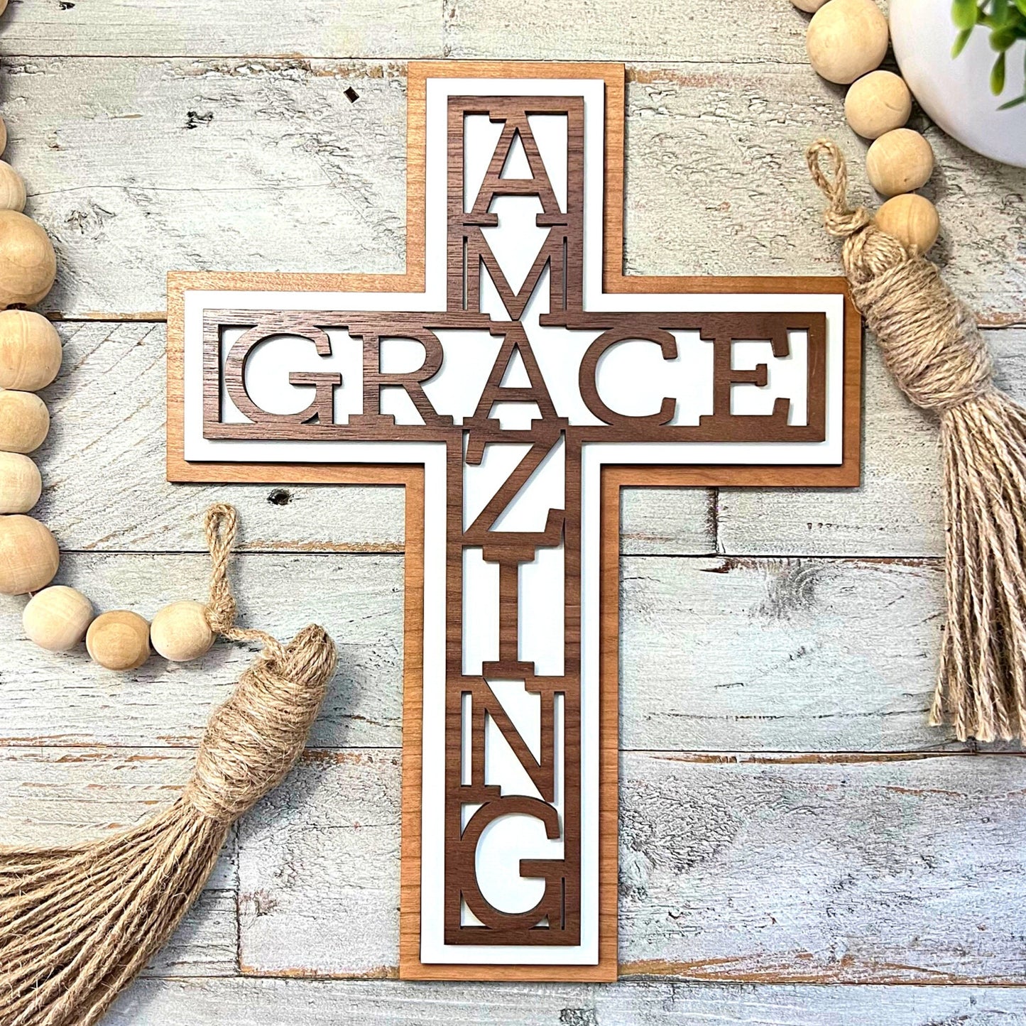 Amazing Grace Wall Cross | 3 Layer Cross Decor | Inspirational Cross