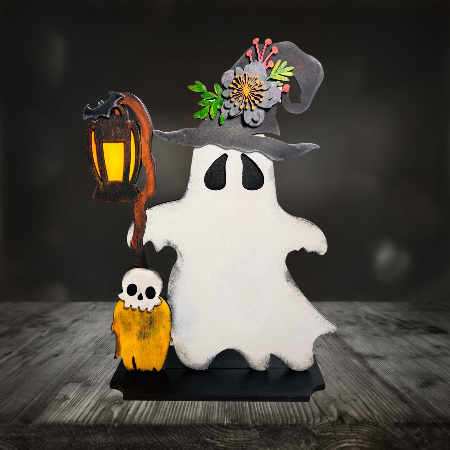 Hand Painted Ghost with Broomstick and Lantern, 3D PAINTED MDF Halloween Craft, Halloween Decor, Shelf Sitter (11.4" x 8.5")