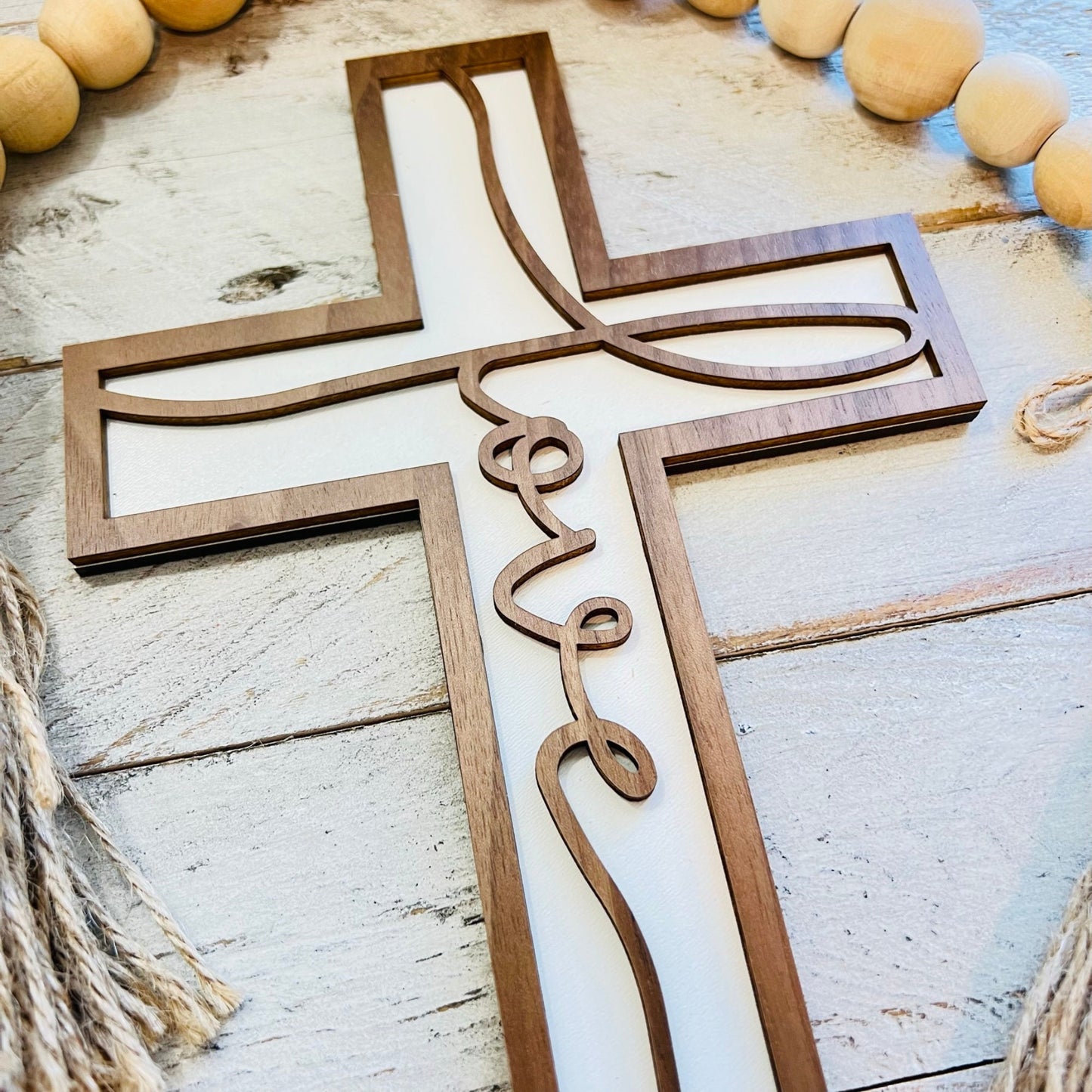 Wooden Cursive LOVE Cross | 2 Layer Wall Decor | Inspirational Cross
