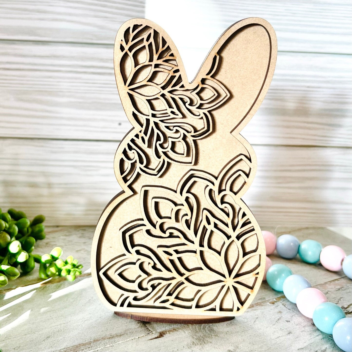 Mandala Floral Bunny with Stand | 2 Layer Easter Bunny Decor | Layered Wood Art | Mandala Rabbit | Easter Bunny with Flowers | Easter Decor