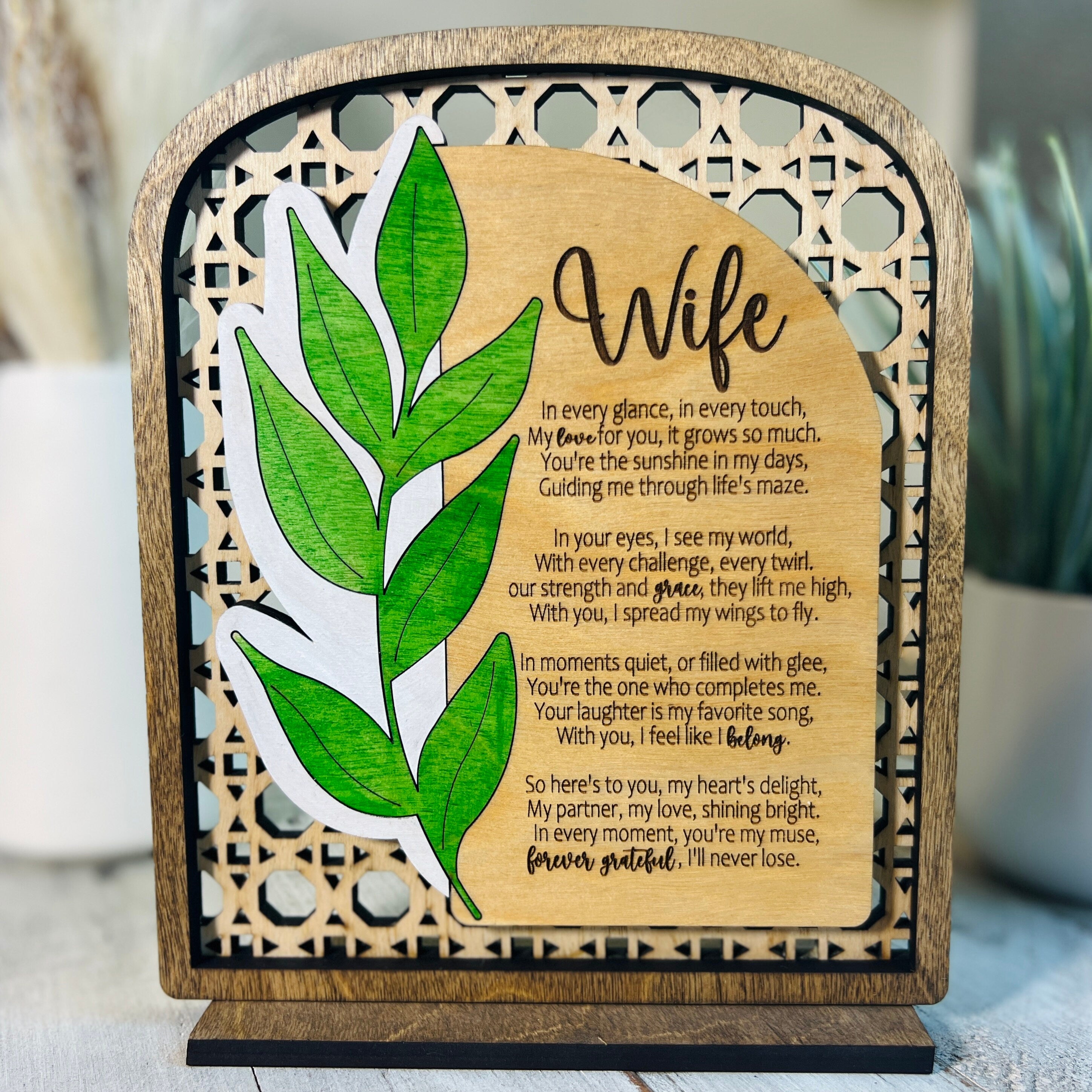 Poem Plaque Gifts for Her, Rattan Design with Hand-painted Leaf, A Poem For Every Woman in your Life