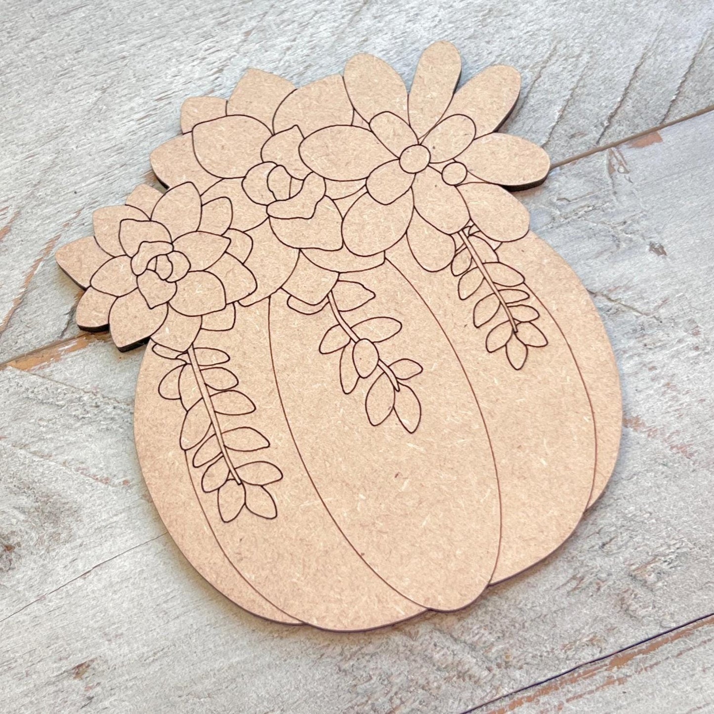 Pumpkin with Floral/ Succulent Arrangement Fall Wood Craft- Paint by line