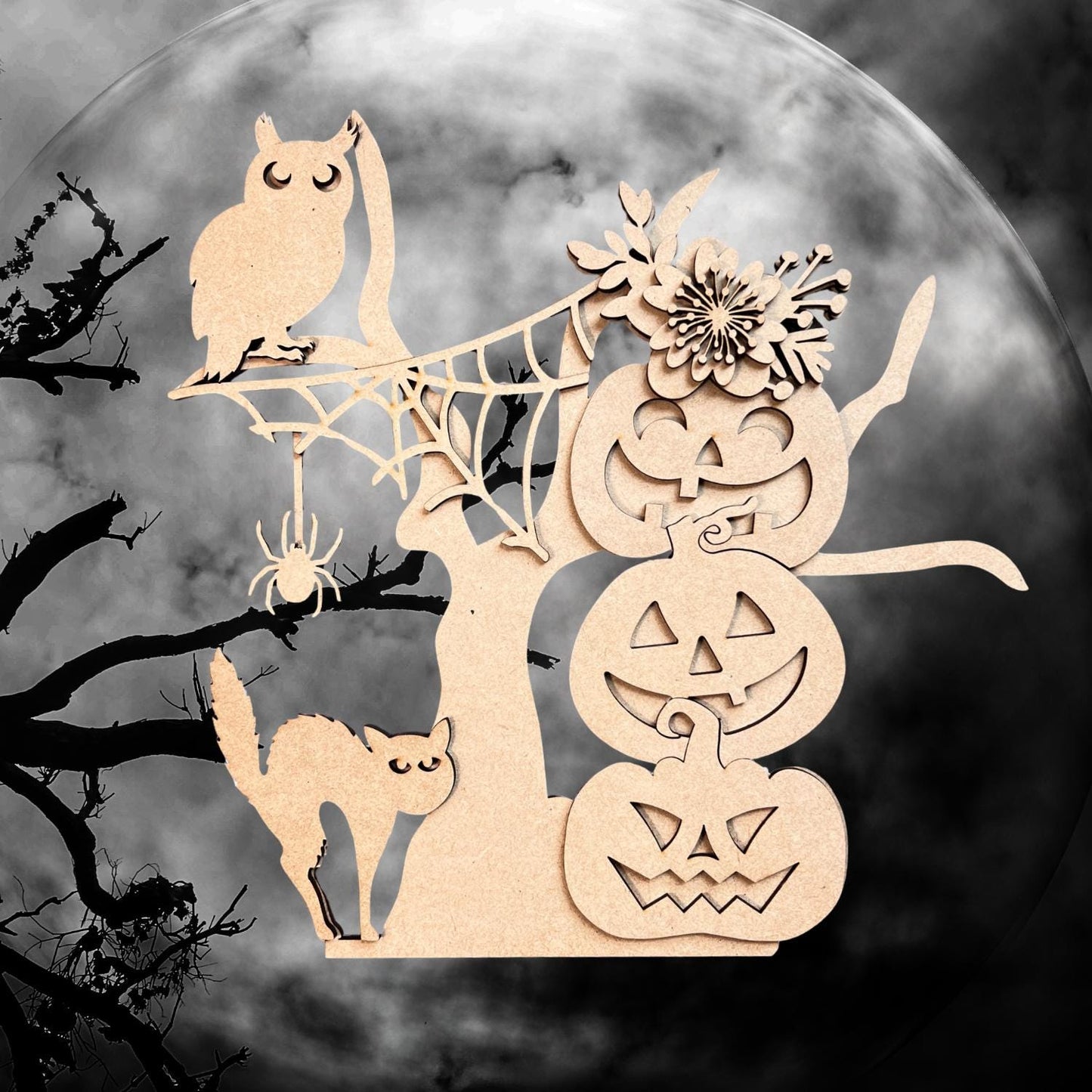 Spooky Tree with Stacked Pumpkins, 3D Unfinished MDF Halloween Craft, Halloween Decor, Halloween Paint Party Kit, Shelf Sitter