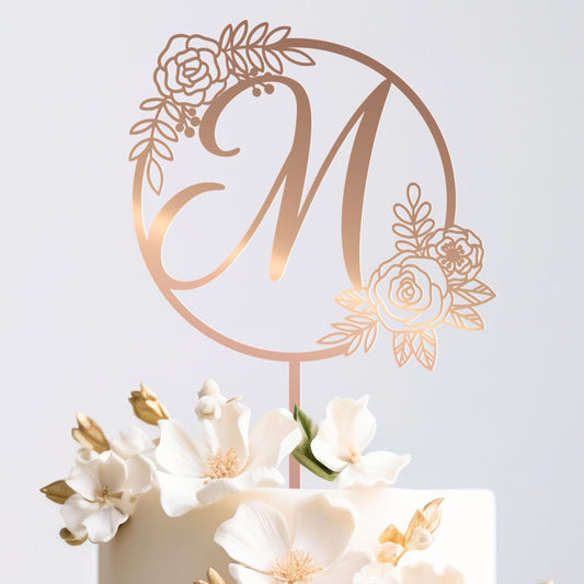 Bridal Wedding Floral Cake Topper | Custom Initial Cake Decor | Rustic Wedding Cake | Anniversary Cake Toppers | Personalized Wedding Decor