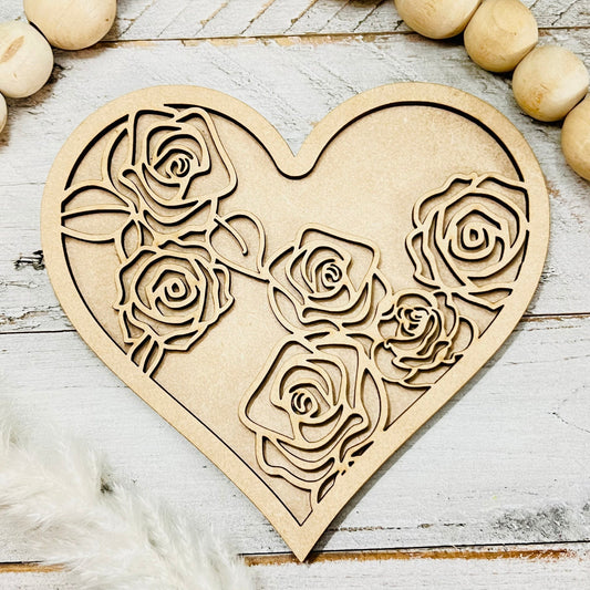 Small Floral Heart | Valentine Heart | Heart with Roses | Valentine Crafts | Wood Heart Cutout | 1 layer or 2 Layer