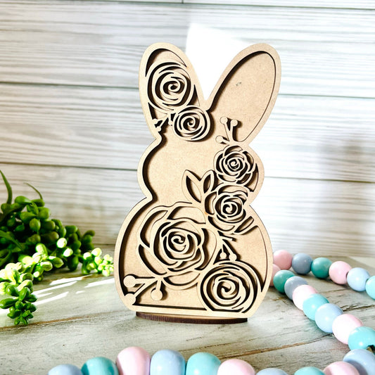 Floral Bunny with Stand | 2 Layer Easter Bunny Decor | Layered Wood Art | Floral Rabbit | Easter Bunny with Flowers | Easter Decor