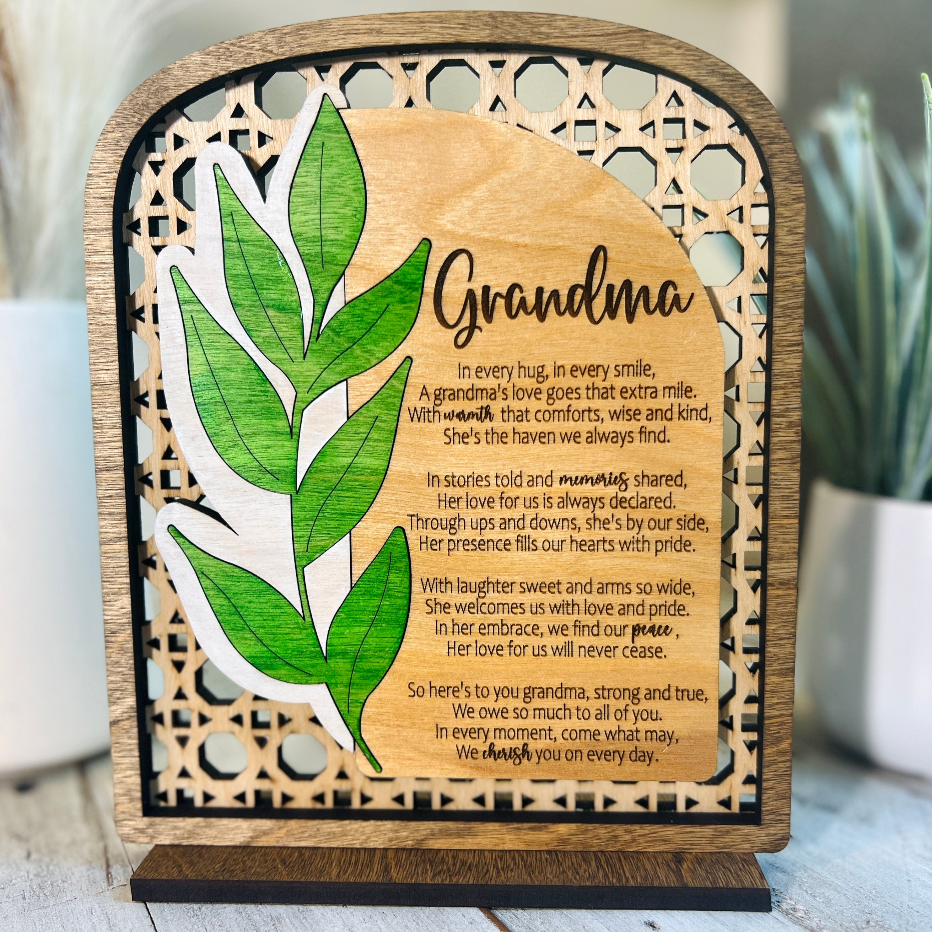Poem Plaque Gifts for Her, Rattan Design with Hand-painted Leaf, A Poem For Every Woman in your Life