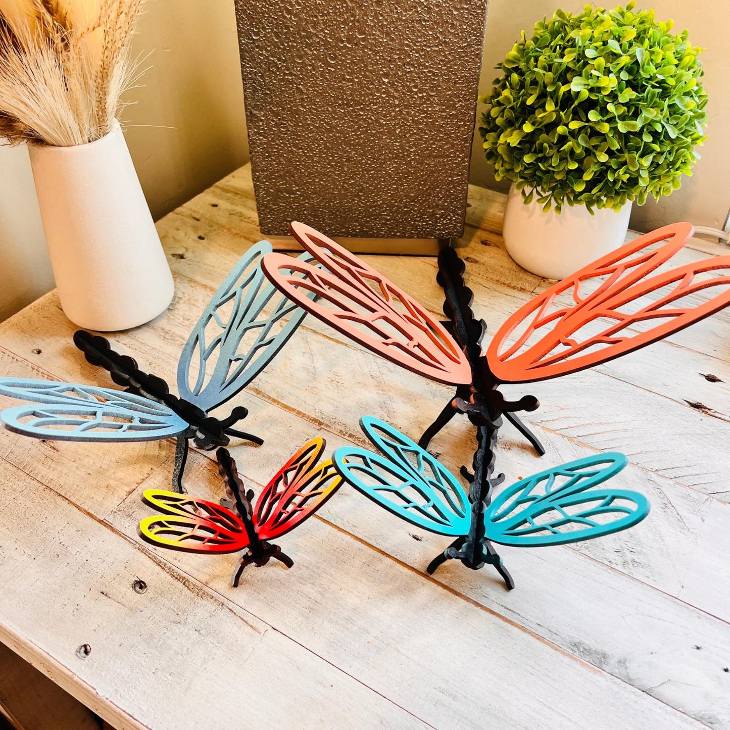 3D Dragonfly Insect, Freestanding Bug, Table Top Dragonfly Decor, Dragonfly Garden Decor, Unfinished Craft Wood Shapes, Set of 4