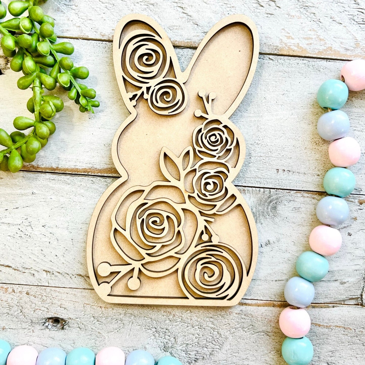 Floral Bunny | 2 Layer Easter Bunny Decor | Layered Wood Art | Floral Rabbit | Easter Bunny with Flowers | Easter Decor | Easter Flowers
