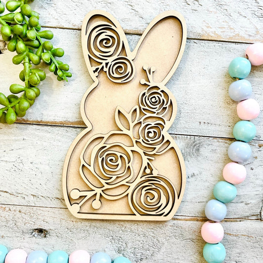 Floral Bunny | 2 Layer Easter Bunny Decor | Layered Wood Art | Floral Rabbit | Easter Bunny with Flowers | Easter Decor | Easter Flowers